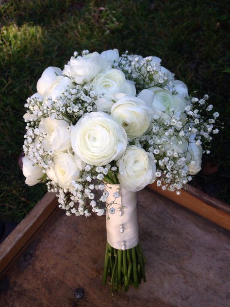 White Ranunculus and Baby's Breath Bridal Bouquet Baby's Breath Bridal Bouquet, Ranunculus Wedding Bouquet, Ranunculus Wedding, Ranunculus Bouquet, Simple Wedding Bouquets, Wedding Flowers Hydrangea, White Ranunculus, Bridal Bouquet Flowers, White Bridal Bouquet