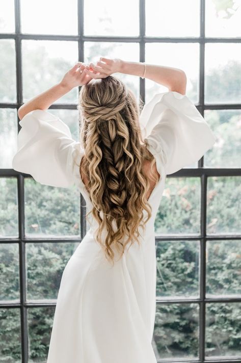 Valerie Canale Designs — Portfolio Bride Hairstyles Half Up Half Down Boho, Long Braided Wedding Hair, Waterfall Braid Bridal Hair, Bridal Hairstyle With Braids, Big Braid Half Up Half Down, Bridal Hair Boho Half Up, Two Braids Wedding Hair, Bride Hair Styles Half Up Half Down, Half Up Half Down Bride Hair With Braid