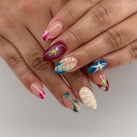 I could not tell you what the thumbs are bc I simply ~do not remember~ 😫😫 but still beautiful!!! Gel x full set: $67 Mix n match designs: $50 Total: $117 #nailsofinstagram #gelnails #chromenails #airbrushnails #3dnails #nailart #abstractnails #nailtech #nailideas #rednails #bluenails Mixed Acrylic Nails, Mix And Match Nails Summer, Nails With Multiple Designs, Gel X Full Set, Mismatched Acrylic Nails, 23 Nails Design, Multiple Nail Designs, Aesthetic Colorful Nails, Fun Gel X Nails