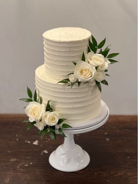 2 Tiered White Wedding Cake, Cake Tier Decor, White Cake With White Roses, Wedding Cake With Roses 2 Tier, Chocolate Frosted Wedding Cake, 2 Tier Buttercream Wedding Cake, Wedding Cake Designs Simple Rustic, 2 Tier Cake Wedding, Wedding Cake Frosting Flowers