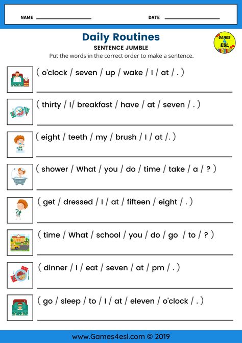 An ESL worksheet to practice daily routines vocabulary and sentences with beginner English language learners. Daily Routine Sentence In English, Daily Vocabulary Words English, Make Sentences Worksheet, Daily Activities Worksheet, Esl Worksheets For Beginners, Activities In English, Esl Beginners, Daily Routine Worksheet, Easy Grammar