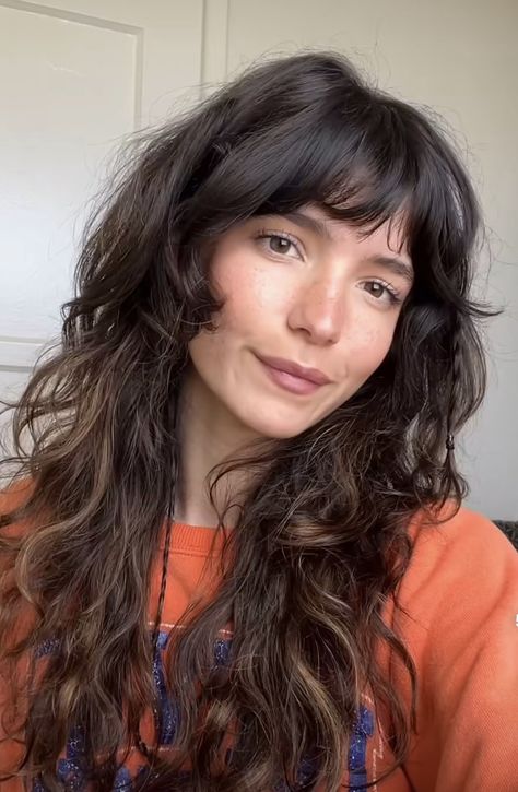 Shag Long Wavy Hair, Wavy Hair Long Shag, 70s Curly Hair With Bangs, Shaggy Hair With Highlights, Soft Shag Wavy Hair, Bangs With Waves, Long French Fringe, Wolf Haircut Wavy, Long Wavy Hair With Short Bangs