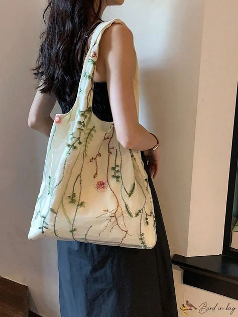 BirdinBag - Womens Embroidered Flower Graphic Canvas Shoulder Bag - Fashionable and Versatile Tote Tote Bag Outfit, Painted Tote, Embroidered Tote Bag, Embroidered Canvas, Embroidered Tote, Elegant Bags, Flower Graphic, Embroidered Bag, Animal Fashion