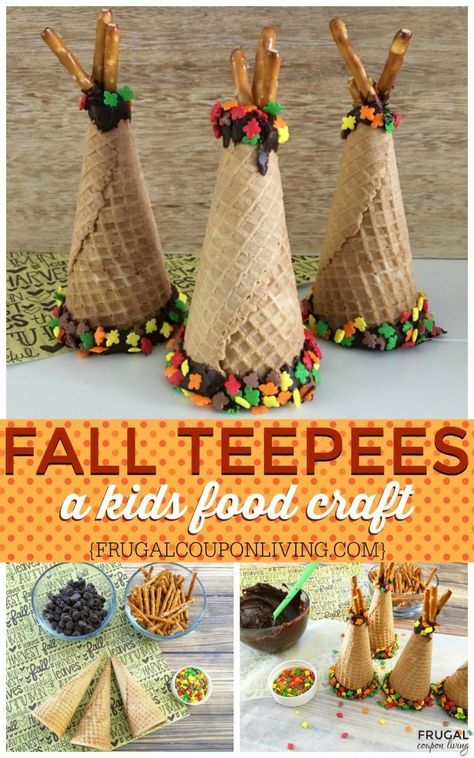 Fall Ice Cream Cone Teepees on Frugal Coupon Living. Waffle Cones turned into a  Thanksgiving Kids Food Craft. #FrugalCouponLiving #teepee #thanksgiving #kidsfoodcraft #icecreamconeteepee #teepeecraft #thanskgivingrecipes #kidsrecipes #icecreamcone Fall Ice Cream, Kids Food Crafts, Thanksgiving Kids Table, Kids Thanksgiving, Decorações Com Comidas, Fun Fall Crafts, Thanksgiving Treats, Thanksgiving Crafts For Kids