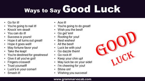 When you want to send someone well wishes, “good luck” is often the first phrase that comes to mind. But if you’re looking to spice things up a bit and offer a more unique sentiment, there are plenty of alternatives. Here, we’ll explore various other ways to say good luck, ranging from the creative and …<p class="read-more"> <a class="" href="https://grammarvocab.com/ways-to-say-good-luck/"> <span class="screen-reader-text">Other Ways to Say Good Luck: Creative, ... Ways To Say Good Luck, Smooth Pick Up Lines, Other Ways To Say, How To Calm Nerves, Keep Your Chin Up, Well Wishes, New Classroom, Good Luck To You, Wish You The Best