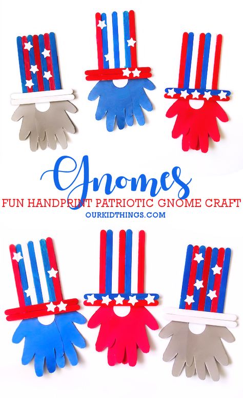 Craft Stick Handprint Patriotic Gnome Craft Memeriol Day Crafts, Preschool Crafts Memorial Day, Flag Day Crafts For Seniors, Kids Memorial Day Crafts, Patriotic Crafts Diy For Kids, Memorial Day Projects For Kids, 4th Of July Projects For Kids, 4 Of July Crafts, Memorial Day Arts And Crafts