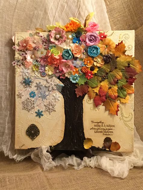 Four Seasons Tree Mixed Media Canvas Mixed Media Tree Art Ideas, 4 Season Tree Art, Four Seasons Tree, Family Tree Canvas, Four Seasons Art, Media Pictures, Tree Collage, Mixed Media Diy, Tree Day