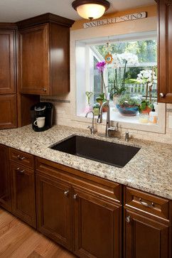 Warm Kitchen - traditional - Kitchen - Boston - Emerald City, LLC - Plain Cream countertop would be better. Kitchen Garden Window Over Sink, Kitchen Garden Windows, Windows Over Sink, White Kitchen Floor, Kitchen Garden Window, Window Over Sink, Over The Kitchen Sink, Kitchen Traditional, Warm Kitchen