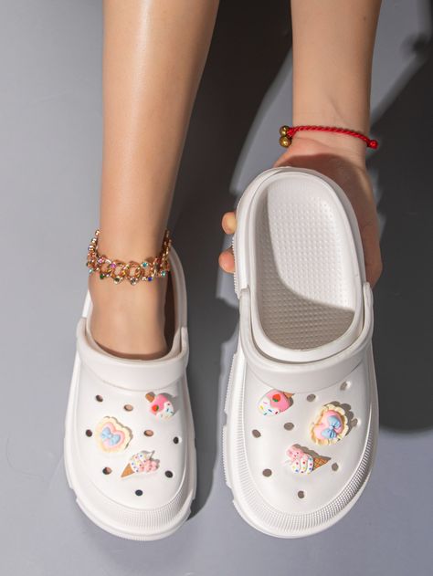 White Sporty Collar   Plain Vented Clogs Embellished   Women Shoes Crocs Slippers For Women, Crocs Women Sandals, Crocks Shoes Outfit Women, Crocks Shoes Outfit, Cute Clogs, Crock Shoes Outfit, Clogs Aesthetic, Plain Crocs, White Crocs Aesthetic