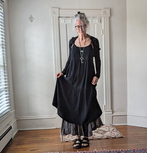 NEW SALE - Cotton Sundress / Black Tiered Spaghetti Dress / Nash Gown / Breathe Clothing USA Southern Gothic Fashion, Dark Mori Fashion, Granny Chic Fashion, Sundress Black, Soft Goth, Spaghetti Dress, Sturgeon Bay, Witch Dress, Mori Fashion