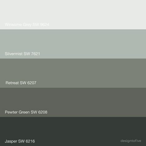 Sherwin Williams - Pewter Green SW 6208- Soothing Green Paint Color Ideas Dark Gray Green Kitchen Cabinets, Sw 6207 Retreat, Bathroom With Sage Green Cabinets, Sw 6208 Pewter Green, Sw Green Gray Paint Colors, Sw Retreat Paint Coordinating Colors, Jasper Green Paint, Sage Green Gray Paint Colors, Pewter Green Paint Color