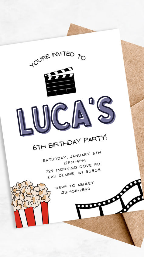 Cinema Birthday Invitation, Movie Theme Birthday Party Invitations, Movie Theater Birthday Party Invitations, Movie Theater Theme Birthday Party, Cinema Birthday Party Ideas, Popcorn Invitations, Theater Birthday Party Ideas, Movie Theater Birthday Party Ideas, Cinema Party Invitations