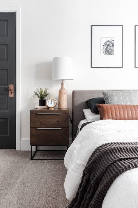 Grey Bed Frame Bedroom Ideas Color, Grey Upholstered Bed Bedroom, Gray Bed Frame Bedroom Ideas, Upholstered Bed Decor, Dark Headboard, Airbnb Studio, Bedding Dark, Grey Headboard Bedroom, Leather Lumbar Pillow