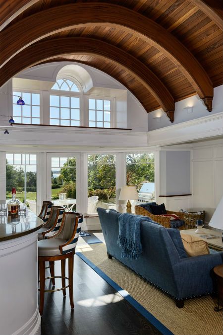 The distinctive mahogany barrel ceiling. Source: Rob Karosis Photography Boston Living Room, Beach Style Living Room, Quonset Homes, Quonset Hut Homes, Barrel Vault Ceiling, Barrel Ceiling, Shingle Style Homes, Home Renovations, Nautical Home