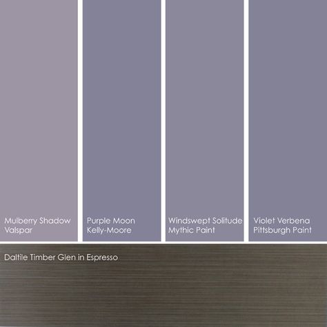 Grey-Violet palette - by Jennifer Ott :: From left to right: Mulberry Shadow 4003-4A, from Valspar; Purple Moon KM3085-2, from Kelly-Moore; Windswept Solitude 011-5, from Mythic Paint; and Violet Verbena 445-5, from Pittsburgh Paint. Paint Lavender, Purple Paint Colors, Bedroom Purple, Purple Bedrooms, Bathroom Paint Colors, Grey Paint, Grey Paint Colors, Purple Paint, Trendy Living Rooms