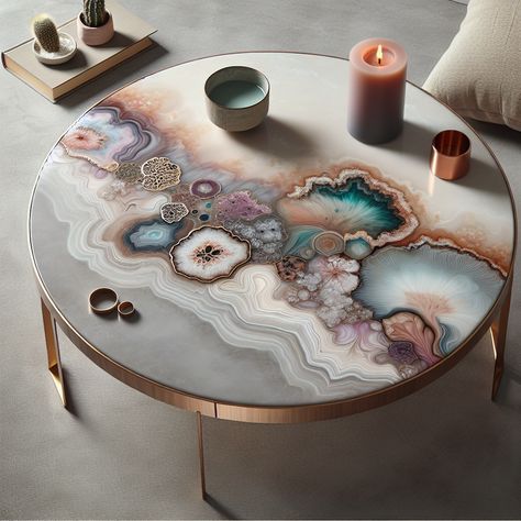 Admire this sophisticated resin art table, specifically crafted for a middle-aged female aesthetic. With soft hues and glossy finish, the design emulates serene floral patterns and earthy geode imitations, marrying artistic flair and elegance. #ResinArt #ArtisticFurniture #MiddleAgeAesthetics #ElegantHomeDecor #NatureInspiredTable #SoftHuedFurniture Epoxy Resin Art Ideas, Resin Art Table, Resin Art Ideas, Female Aesthetic, Diy Resin Table, Resin And Wood Diy, Amazing Resin, Resin Geode, Resin Crafts Tutorial