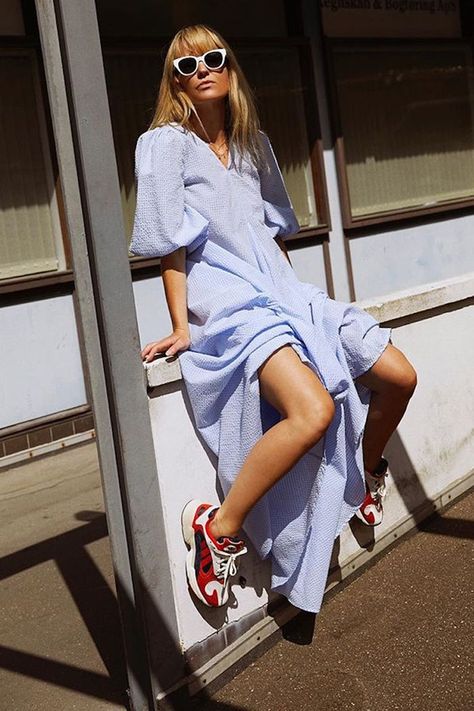 Prarie Dress, Mode Dope, Dress With Converse, Powder Blue Dress, Dress And Sneakers Outfit, Trainers Outfit, Ganni Dress, Haute Couture Gowns, Adidas Trainers