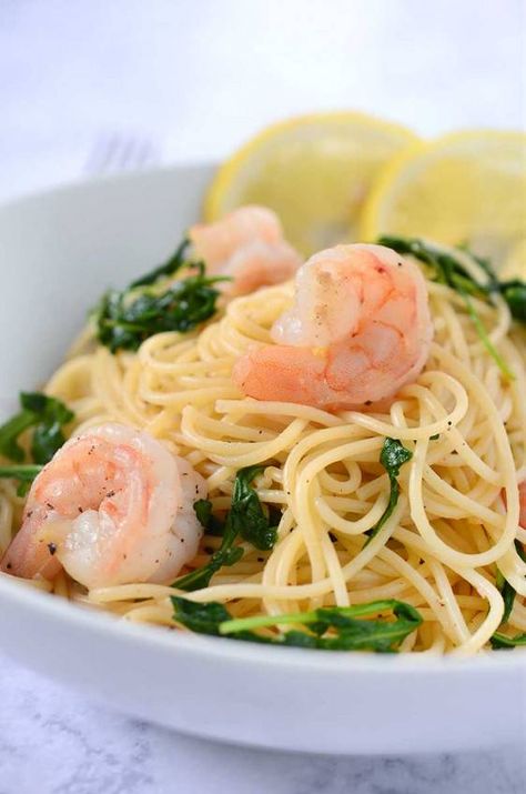 Shrimp Pasta with Arugula and Lemon Light Shrimp Pasta, Shrimp And Arugula, Pasta With Arugula, Pasta With Lemon, Arugula Pasta, Lemon Spaghetti, Lemon Shrimp, Simple Pasta, Baby Arugula