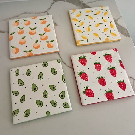 Hand Painted Fruit coasters coated in Resin Coaster Designs Ideas, Paint Coaster Ideas, Fruit Coasters Paint, Ceramic Coasters Painted, Coffee Coasters Diy, Handpainted Coasters Ideas, Christmas Coasters Painted, Ceramic Fruit Coasters, Ceramic Coasters Ideas