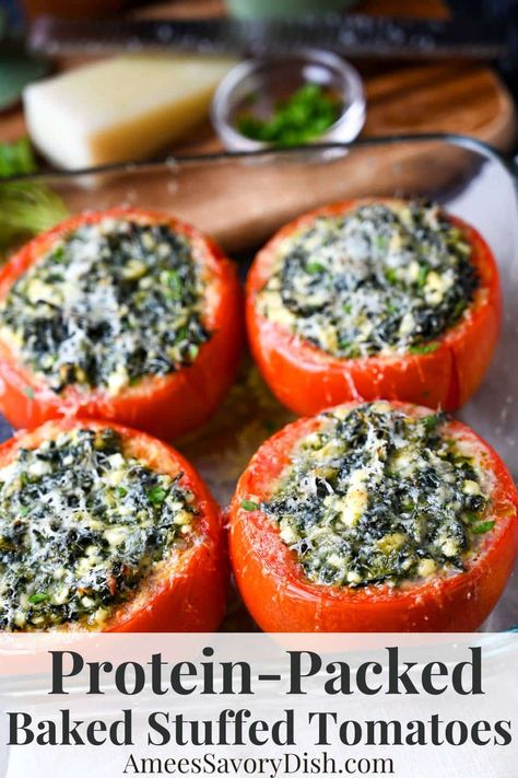 Baked Stuffed Tomatoes with Spinach and Cottage Cheese Healthy Stuffed Tomatoes, Roasted Stuffed Tomatoes Cottage Cheese, Keto Tomato Recipes, Stuffed Tomatoes Baked, Stuffed Tomatoes Recipes, Spinach Stuffed Peppers, Cottage Cheese And Tomatoes, Spinach Stuffed Tomatoes, Cottage Cheese Spinach