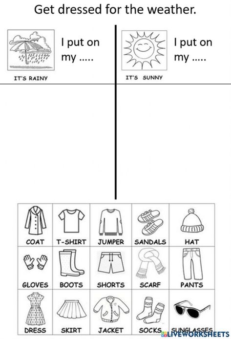 Esl Kindergarten Worksheets, Esl Clothes Worksheet, Winter And Summer Clothes Activities, Kindergarten Weather Worksheets, Season Clothes Worksheet, Dress For The Weather Activity, Clothes Worksheets For Preschool, Weather Exercises English, Clothes Activities For Kindergarten