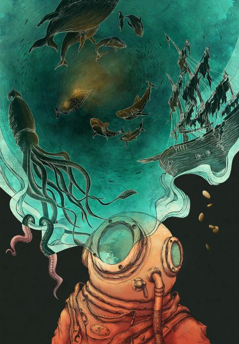 Cover illustration for the book 20,000 Leagues Under The Sea by writer Jules Verne. 20000 Leagues Under The Sea Illustration, 20000 Leagues Under The Sea Aesthetic, 20 000 Leagues Under The Sea, Jules Verne Aesthetic, Ocean Book Cover, 20000 Leagues Under The Sea, Under The Sea Art, The Deep Ocean, Fantastic World