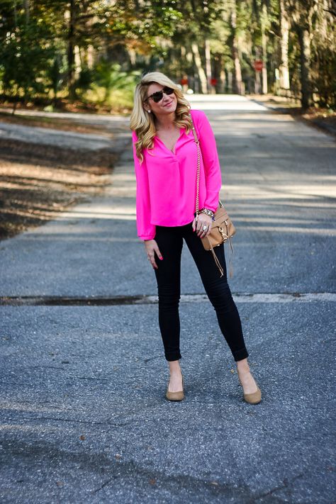 brighten up a pair of black pants with a trend that NEVER goes out of fashion - bold and eye-catching color blocking....turn heads this Summer Pink Top Black Pants, Hot Pink Shirt Outfit, Pink Top Outfit, Top Spring Outfits, Hot Pink Top, Cocktail Party Outfit, Colorful Wardrobe, Hot Pink Tops, Classy Work Outfits