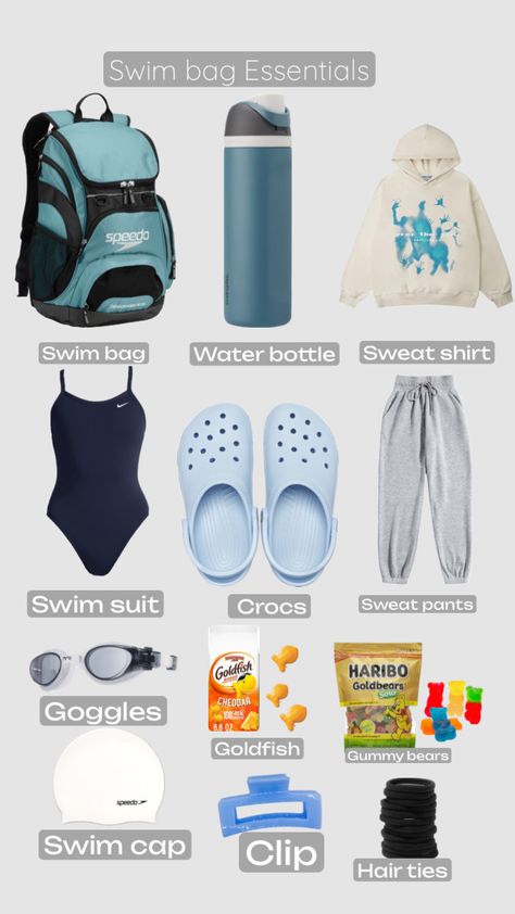 Swimming Sport Outfit, Swim Team Bag Essentials, Swim Practice Outfit, Swimming Bag Essentials, Swimmer Bag, Swimming Sport Aesthetic, Swim Bag Essentials, Swimming Essentials, Swimming Aesthetic