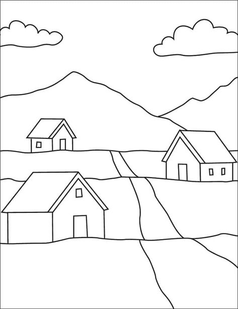 Easy How to Draw Scenery Tutorial and Scenery Coloring Page Drawings Landscaping Easy, Scenery Outline Drawing, Simple Landscapes To Draw, Easy Village Drawing, Landscape Outline Drawing, Simple Landscape Coloring Pages, Easy Drawings Landscape, Houses Drawing Easy, Sceneries Drawing