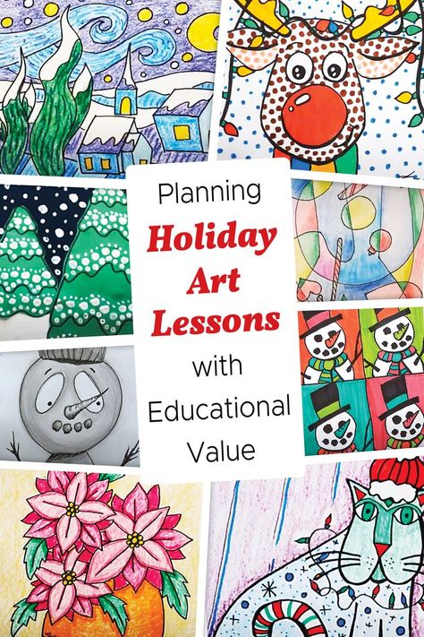 Holiday art lessons are always fun to plan. But I am also supposed to teach curriculum, standards, the elements and principles of design, and art history. It is possible to squeeze everything in and still keep the holiday spirit! Here is how I combined holiday festivity with educational value to create a collection of holiday art lesson plans. #holidayartlessons #holidayart // holiday art lessons // holiday art // holiday lessons Christmas Elementary Art, January Art, Holiday Art Projects, Winter Art Lesson, Elementary School Art, Christmas Art Projects, Art Education Lessons, Winter Art Projects, 6th Grade Art