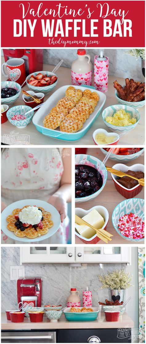 Valentine's Day Waffle Bar - it's such a sweet idea! Make heart shaped waffles and serve with a variety of sweet and savory toppings. Waffle Topping Ideas, Diy Waffle Bar, Diy Waffles, Valentines Brunch, Party Food Bar, Waffle Bar, Breakfast Party, Birthday Breakfast, Waffle Toppings