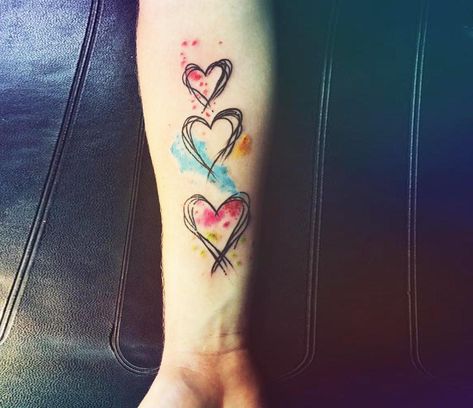 Three Hearts tattoo by Klaras Tattoo | Photo 23147 Triple Heart Tattoo, 3 Heart Tattoo, 3 Hearts Tattoo, Watercolor Heart Tattoos, Heart Tattoo Ideas, Tattoos About Growth, Red Tattoo Ideas, Hearts Tattoo, Tattoo Diy