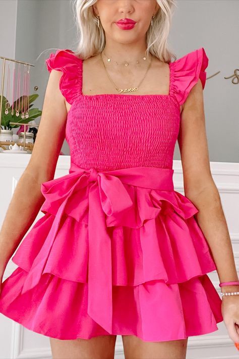 Our best selling sweet sorbet dress is now available in hot pink - this hot pink preppy dress from sassy shortcake is a must have for summer fashion Pink Preppy Dress, Hot Pink Preppy, Dance Wear Outfits, Sassy Shortcake, Preppy Dress, Layered Ruffle Dress, Hot Pink Dress, Pink Preppy, Stunning Prom Dresses