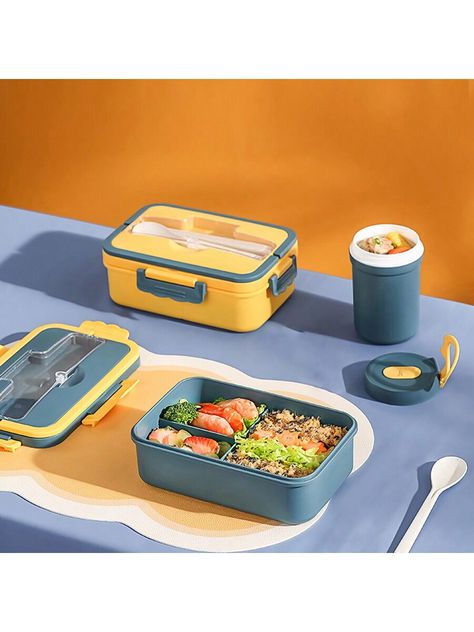 1 Pc Divider Lunch Box, 3 Compartment Bento Box, With Scoop, Microwavable, Leak-Proof Food Container, Easy To Carry, Suitable For Adults, Kitchen Accessories, Suitable For Work Or Home Use Christmas Gift Multicolor    PP Colorblock    Kitchen & Dining, size features are:Bust: ,Length: ,Sleeve Length: Colorblock Kitchen, Food Containers Lunch, Kitchen Bag, Summer Cherries, Lunch Box Recipes, Bento Box Lunch, Food Container, Bento Lunch, Big Bags