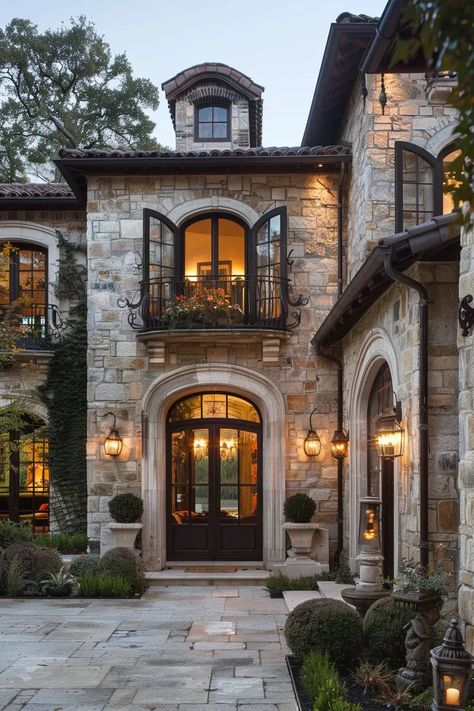 56 Stunning French Country House Exteriors Country House New Build, Elegant Brick House Exterior, Exterior French Country Homes, French Courtyard Ideas, French Georgian Home Exterior, Old Architecture Buildings, House With Arched Windows Exterior, French Chateau Front Door, Small French House Exterior