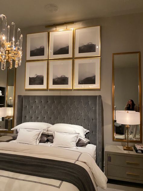 Black White And Gold Bedroom, White Gold Bedroom, Grey Headboard Bedroom, Furniture Ideas Bedroom, Grey And Gold Bedroom, Black Gold Bedroom, Black And Grey Bedroom, Bedroom Tile, Tile Bedroom