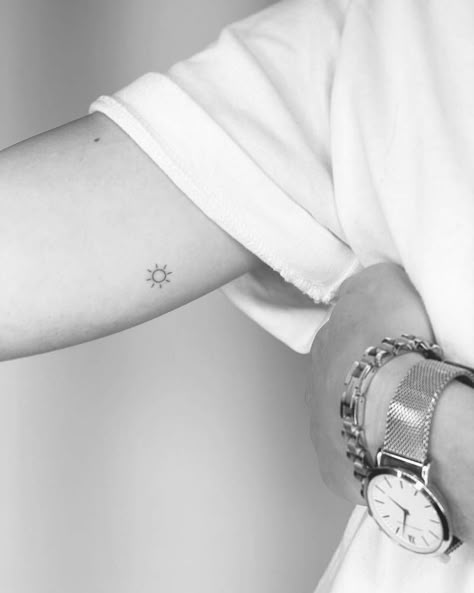 Small Minimalist Sun Tattoo, Minimalist Tattoos On Arm, Subtle Sun Tattoo, Small Arms Tattoos, 3 Suns Tattoo, Mini Tats Sun, Simplistic Sun Tattoo, Beautiful Minimalist Tattoo, Small Tattoos Inside Arm