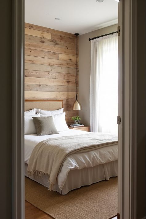 Cozy bedroom featuring rustic wooden plank wall behind bed Rustic Wood Walls Bedroom, Bedroom Ideas Wood Paneling, Shiplap Accent Wall Bedroom, Modern Farmhouse Accent Wall, Unique Accent Wall Ideas, Wood Bedroom Wall, Shiplap Wall Bedroom, Wood Accent Wall Bedroom, Bedroom Accent Wall Ideas