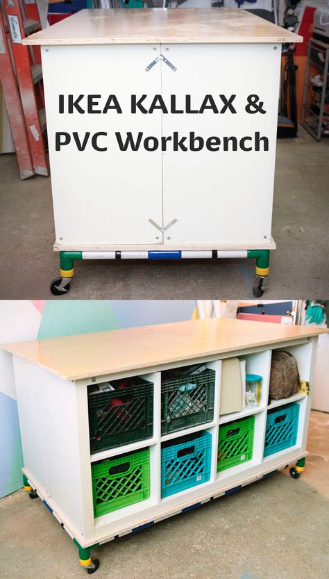 This workbench build uses two Ikea Kallax 4x2 shelves placed back-to-back. Ikea Kallax Workstation, Ikea Kallax Garage, Ikea Workbench Ideas, Kallax On Wheels, Ikea Hack Workbench, Kallax Workbench, Ikea Workbench Hack, Kallax Garage, Ikea Workbench