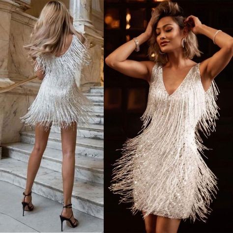 Flapper Dress 1920s Gatsby Party, Wedding Dresses 1920s Style, 20s Party Outfit, Flapper Girl Dress, Flapper Wedding Dresses, Gatsby Outfit, Women 1920s, Tassels Design, 1920s Wedding Dress