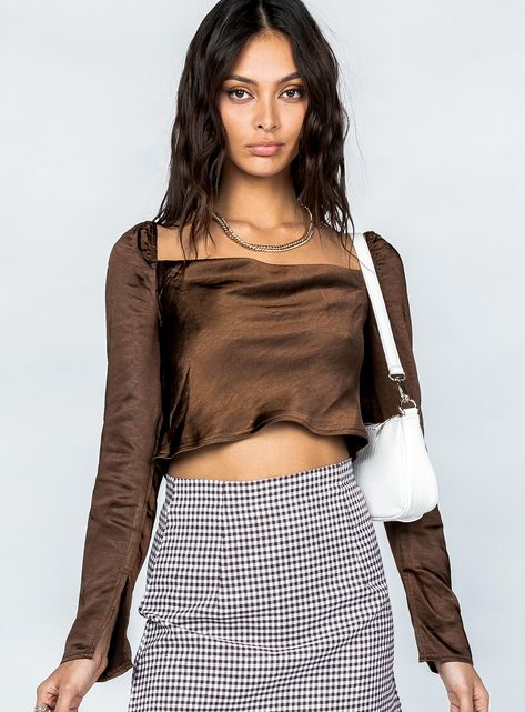 Brown Top Outfit, Beige Crop Tops, Flannel Fashion, Corset Crop Top, Blue Crop Tops, Brown Silk, Brown Top, Love Song, Satin Top