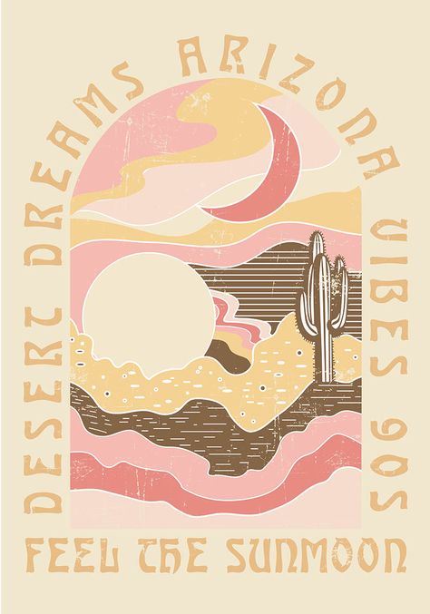 Arizona desert poster Desert Boho Aesthetic, Desert Print, Desert Illustration Art, Arizona Color Palette, Bohemian Poster Design, Bohemian Poster, Desert Theme, Arizona Art, Desert Branding