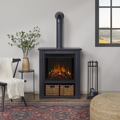 Hollis 32" Electric Fireplace by Real Flame Electric Wood Stoves, Electric Fireplace Stove Ideas, Freestanding Electric Fireplace Ideas, Small Electric Fireplace, Electric Fireplace Ideas, Electric Fireplace Media Console, Black Electric Fireplace, Indoor Electric Fireplace, Fireplace Shelves