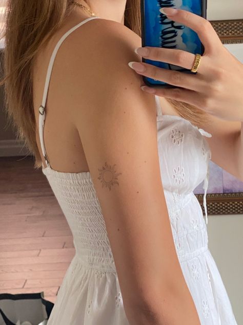 Under The Same Sun Tattoo, Sunshine Ankle Tattoo, Fine Line Sunshine Tattoo, Fineline Matching Tattoo, Delicate Sun Tattoo, Sun Tattoo Back Of Arm, Sun Tattoo Aesthetic, Detailed Sun Tattoo, Flower And Sun Tattoo