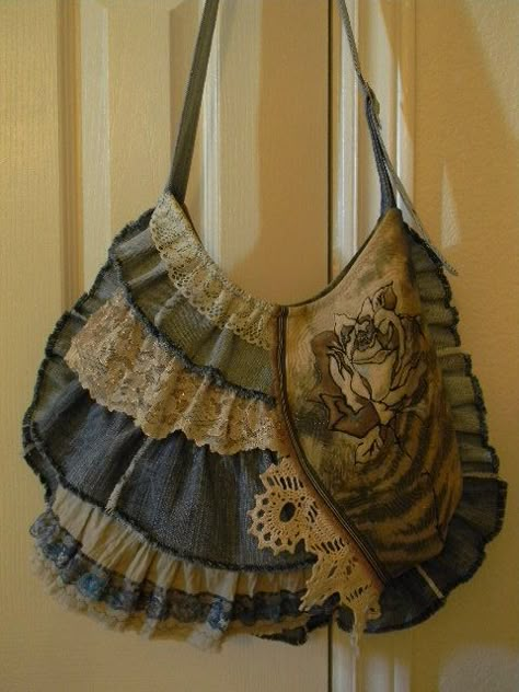 Denim Boho Shoulder Bag -- $65 Shabby Chic Bags, Lace Purse, Boho Shoulder Bag, Rose Bag, Denim Purse, Denim Projects, Denim Bags, Hippie Bags, Denim Crafts