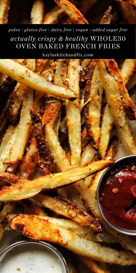 These Crispy & Healthy Oven French Fries have a flavorful, crunchy exterior and are easy to make with just a few good for you ingredients! Whole 30 French Fries, Healthy French Fries Baked, Crispy Baked Fries, Whole 30 Fries, Homemade French Fries Oven, Healthy Homemade Fries, Healthy Fries Recipe, Homemade Fries On Stove, Healthy French Fries Alternative