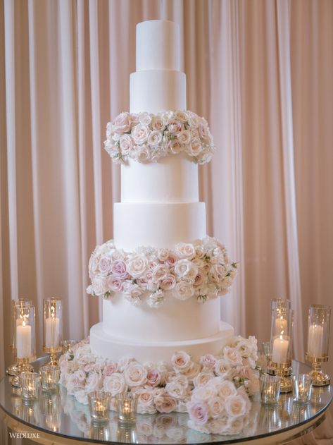 LA Wedding with Modern Princess Vibes ~ WedLuxe Magazine Princess Wedding Cake, Elegant White Wedding Cake, Princess Wedding Cakes, Elegant White Wedding, Princess Vibes, Floral Wedding Cake, Dream Wedding Cake, Luxury Wedding Decor, Wedding Cake Table