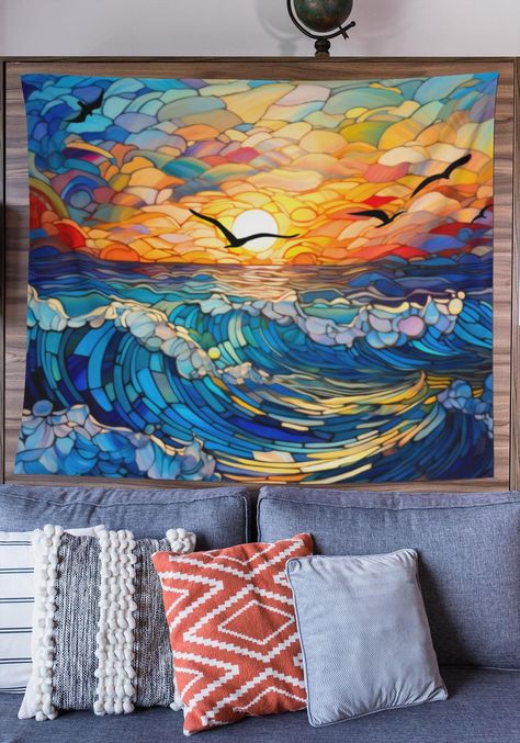 A colorful wall tapestry is a surefire way to uplift any room's aesthetics, and this lovely ocean beach sunset in stained glass design is just the one! This 100% Polyester wall tapestry comes with hemmed edges for extra durability to ensure years' worth of decorating bliss.  .: 100% Polyester .: Chose from 8 different sizes (4 landscape, 4 portrait)  .: Z Hemmed edges Care Instructions Wash only cold machine wash with similar colors garments using a gentle cycle.  Tumble dry on low settings or h Sunrise Home, Stained Glass Christmas, Watercolour Inspiration, Mosaic Wall Art, Tropical Art, Paint And Sip, Hanging Tapestry, Landscape Walls, Ocean Beach