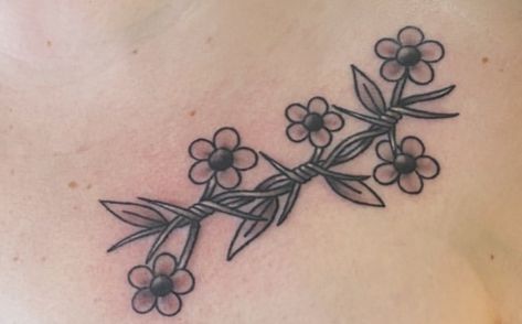 barbed wire mixed with vine and flowers Barbed Wire Flowers Tattoo, Flower And Barbed Wire Tattoo, Barb Tattoo Wire, Barb Wire And Flowers Tattoo, Flower Barbed Wire Tattoo, Barbed Wire And Vine Tattoo, Barbed Wire Tattoo With Flowers, Barb Wire With Flowers Tattoo, Floral Barbed Wire Tattoo