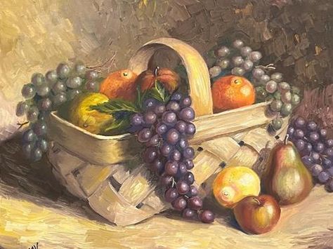 Painting Grapes, Oil Still Life, Basket Kitchen, Thanksgiving Art, Painting Competition, Hang Art, Apple Pear, Fruit Painting, Impressionism Art